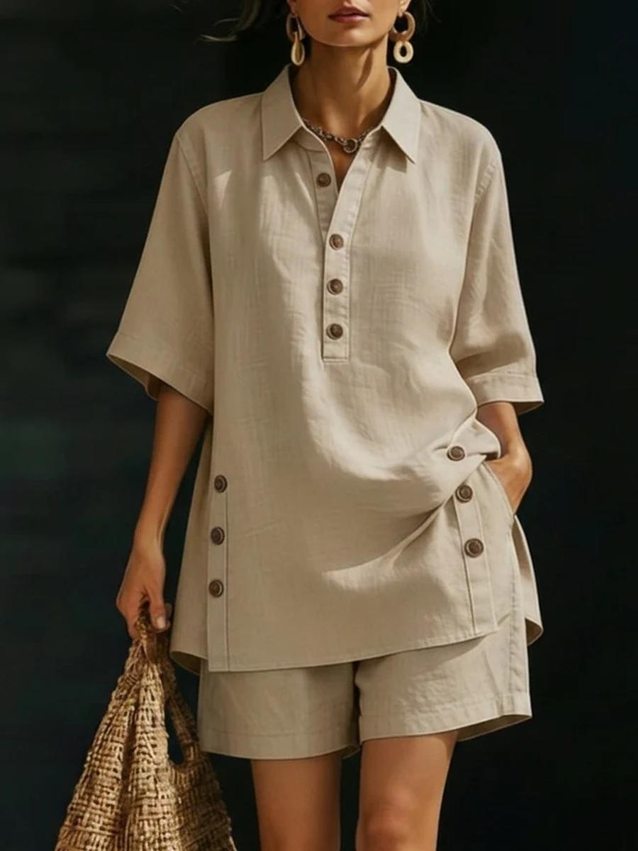 Summer New Women Linen Shirt Short Set Casual Comfortable Loose Button Summer Outfit S хаки