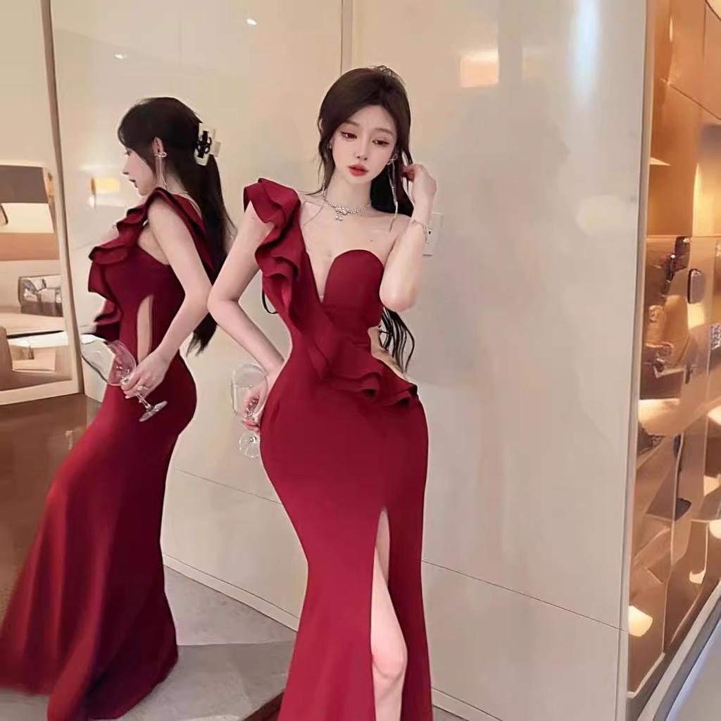 Single shoulder evening dress new high-end banquet temperament celebrity fishtail sexy slim dress can be worn at ordinary times