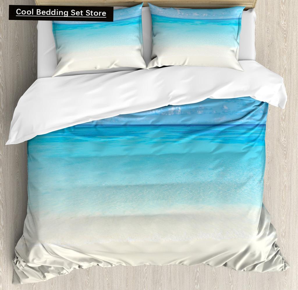 Summer Beach King Queen Duvet Cover Blue Ocean Fish Bedding Set Hawaiian Sea Palm Trees Quilt Cover Marine Life Comforter Cover