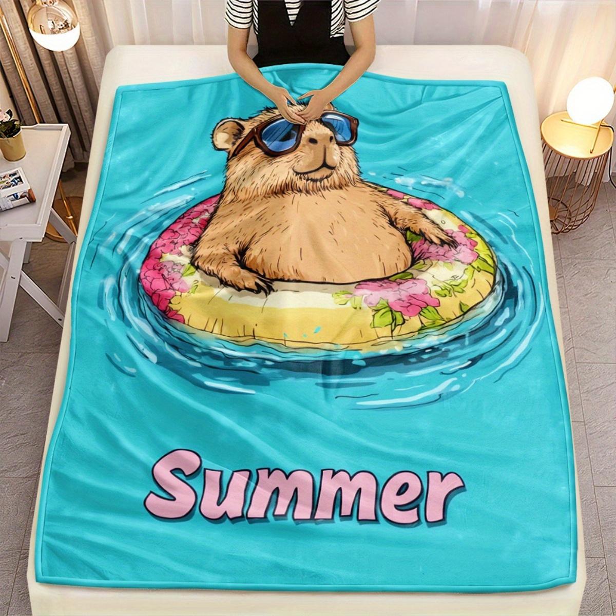 1pc Summer Hamster Wearing Sunglasses Floating in Pool Floral Ring Fleece Blanket Soft Flannel Throw Beach Theme Gift Idea 75X95CM