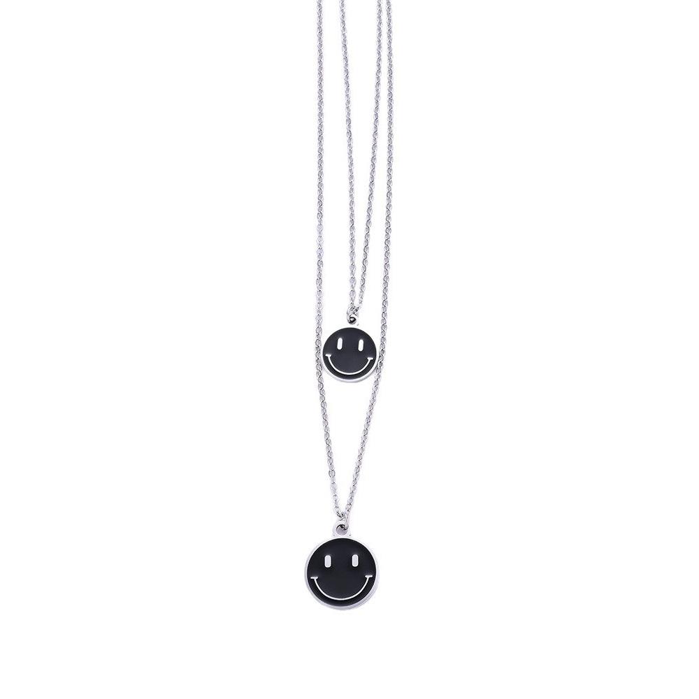 

Keep Smiling Double Layered Pendant Necklace, Stainless Steel Unisex Chain with Wind Small Face Design