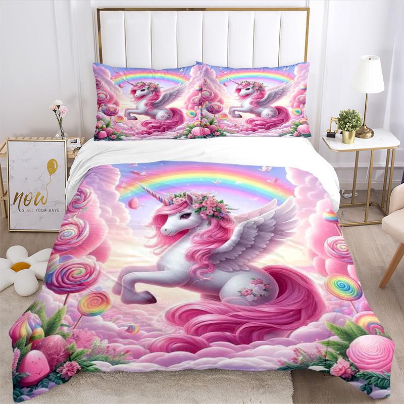 Rainbow Unicorn Fantasy Print 3Pcs Bedding Setduvet Cover With 2 Bedropillowcase Home Birthday Gift