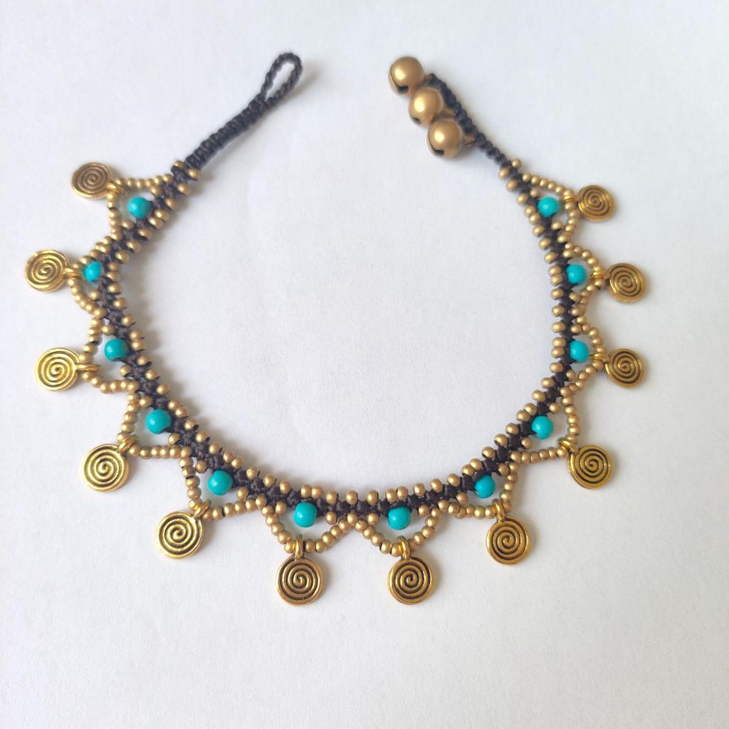 Boho Türkis-Kupfer Perlenarmband mit Wachskordel