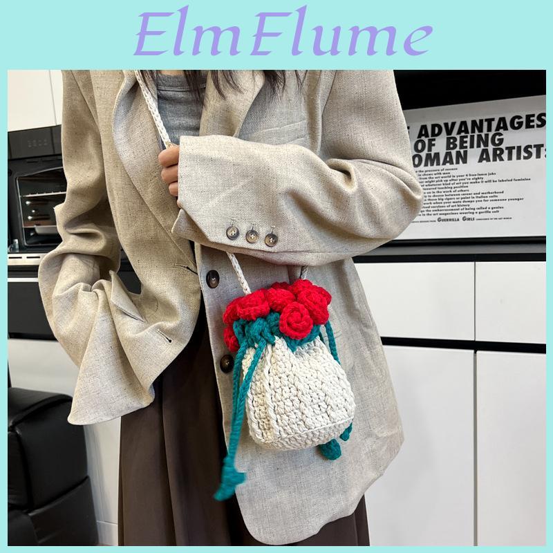 Handcrafted Floral Woven Bucket Purse With Polyester Lining For Casual Outings