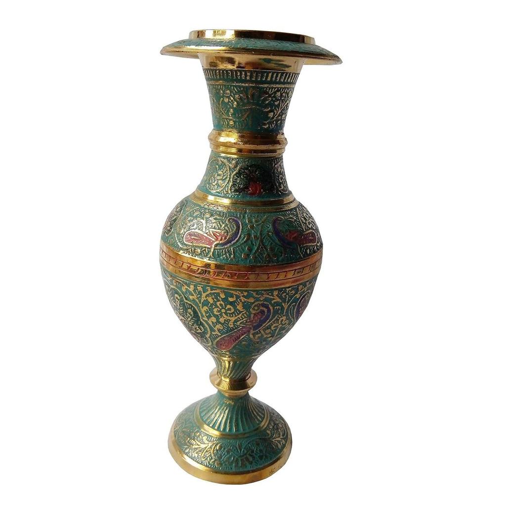 Hand Crafted Kashmiri Glass Pattern Brass Flower Vase 17 CM (Sky Blue)