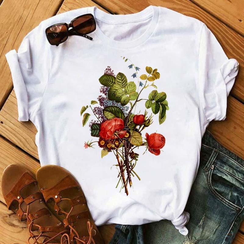 Women Graphic Flower Floral Printed T-shirts Cute 90s Style Vintage Print Tops Lady Tees Clothing Female T Shirt Womens T-Shirts