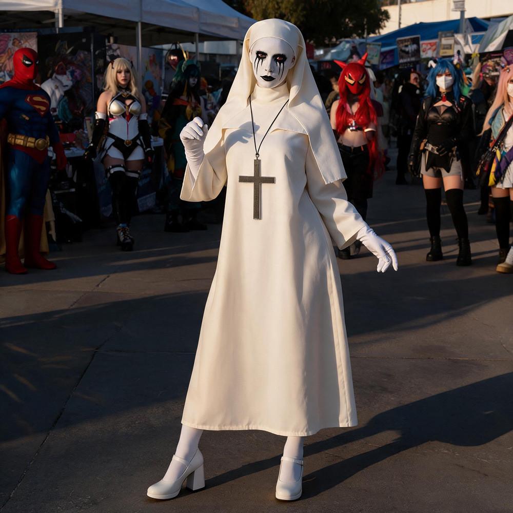 Costume da Suora Cosplay di Halloween in Tessuto Poliestere per Role Play Fantasy