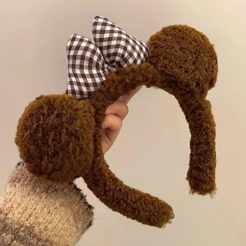 Cute Bow Knot Bear Ear Plush Headband, Face Washing Hair Tie, Cartoon Brown Hair Clip for Women, Hair Accessories