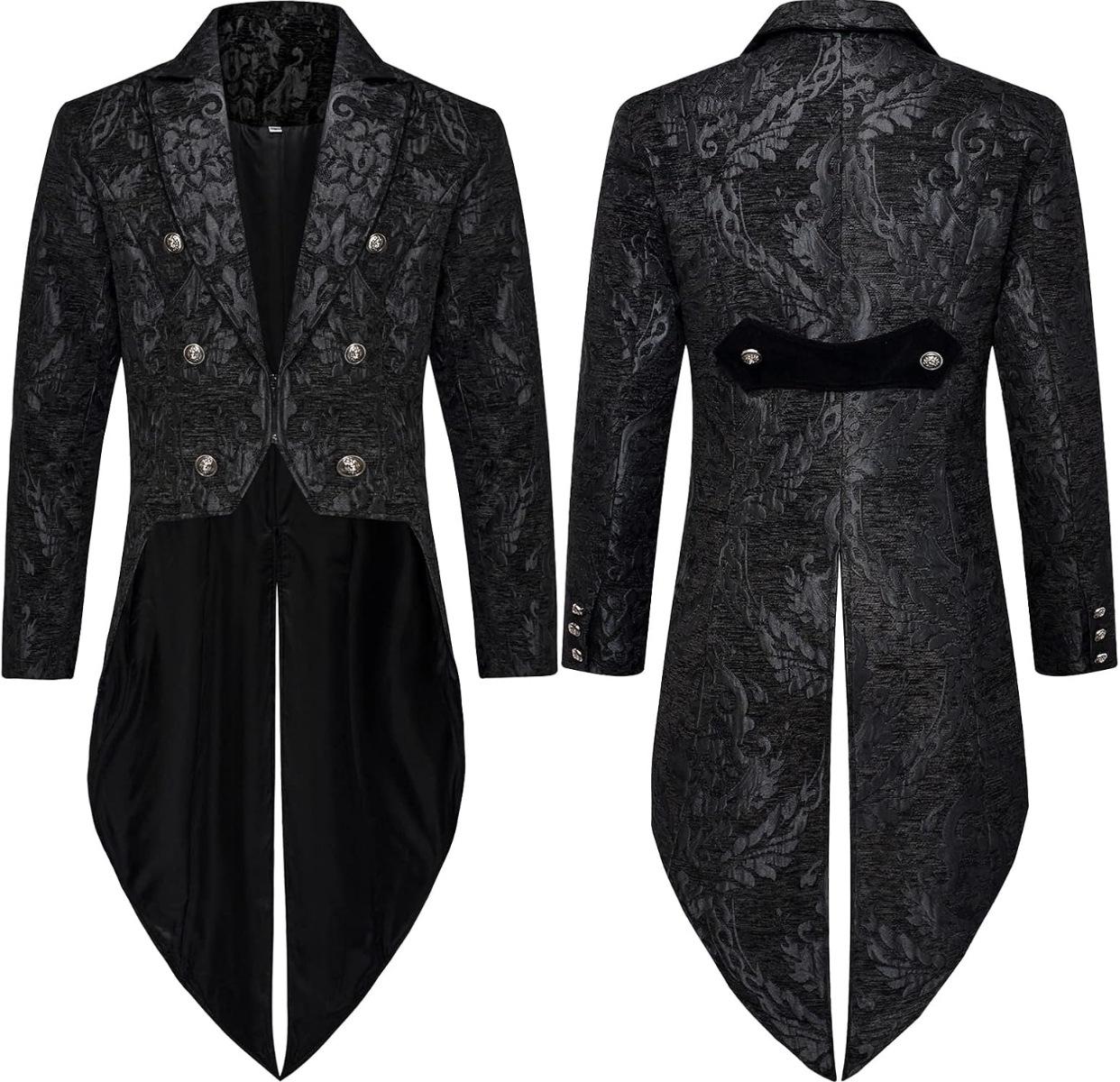 Men s Gothic Steampunk Black Brocade Tailcoat Jacket for Wedding S
