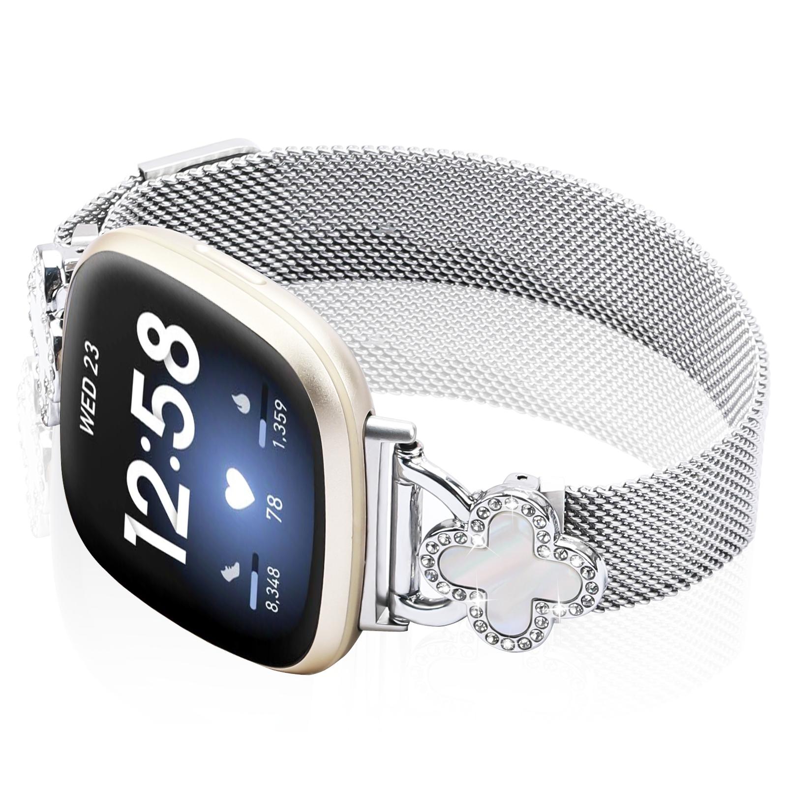

For Fitbit Versa 4/Sense 2 Band Milanese Metal Magnetic Watch Strap with Clover Connector,Size: L Silver