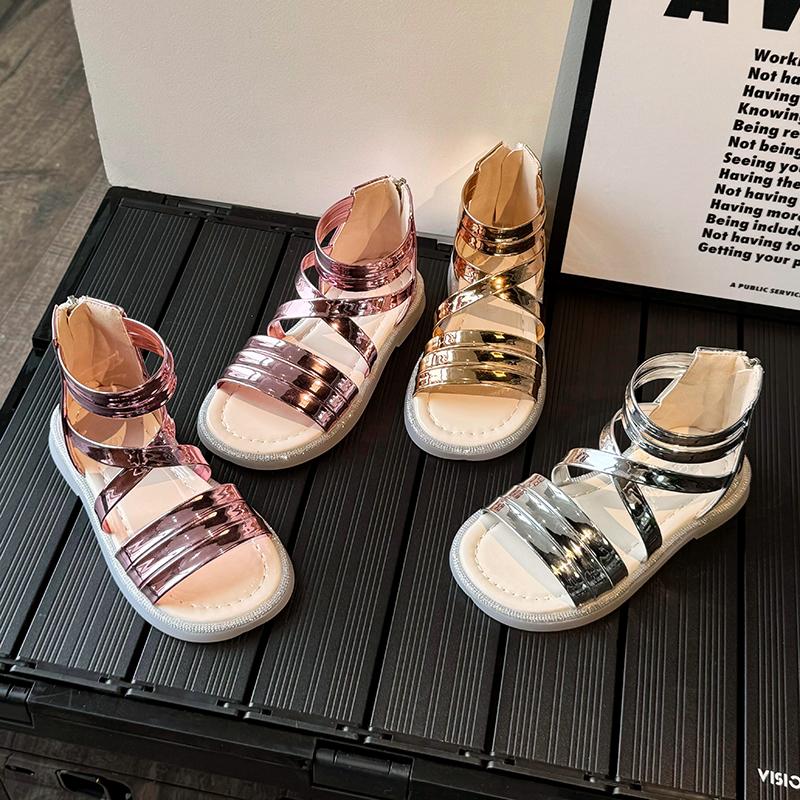 Children Summer Sandals Summer Fashion Girls Glossy Princess Gladiator Sandals Solid Color Kids Causal Cross Sandals Flats