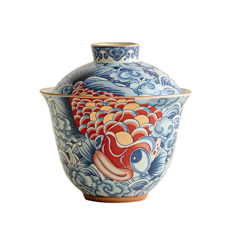Dragon Fish Gaiwan Ceramic Tea Set Chinese Style Two Layer Lids Brewing Bowl for Home Kung Fu Tea Ceremony High Aesthetic Gift