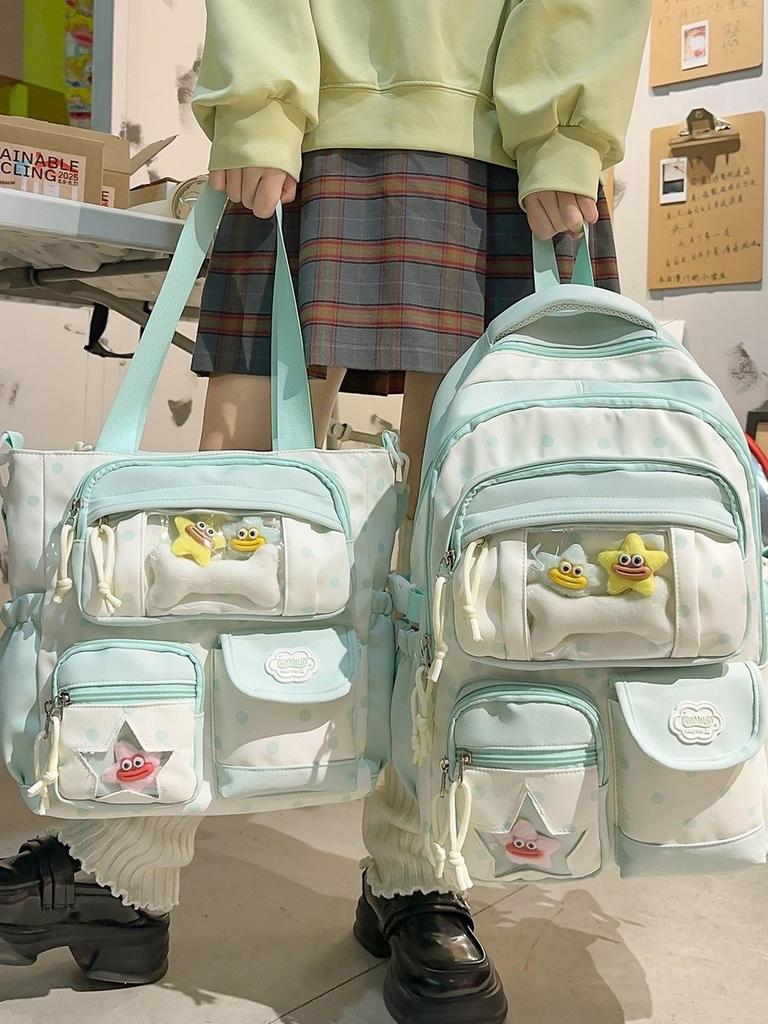 Nylon School Backpack For Girls With Polka Dot Pattern And Padded Shoulder Straps For Campus Use