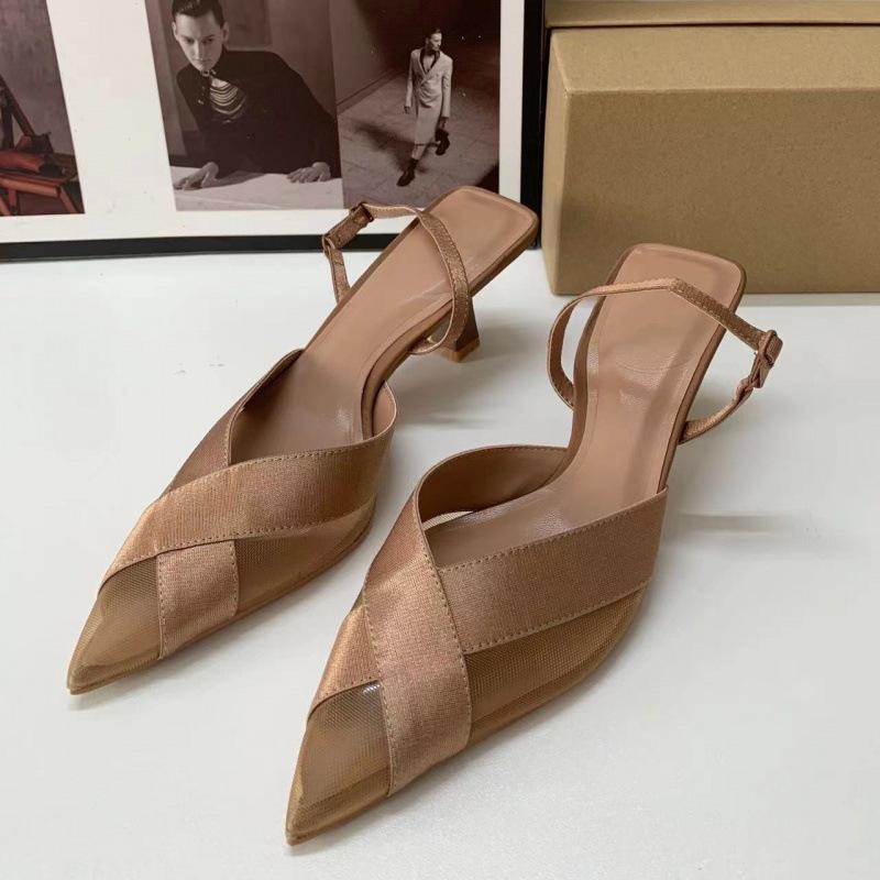 Women's 2025 Autumn Style High Heel Pointed Toe Mesh Stiletto Sandals with Low-Cut Back Strap