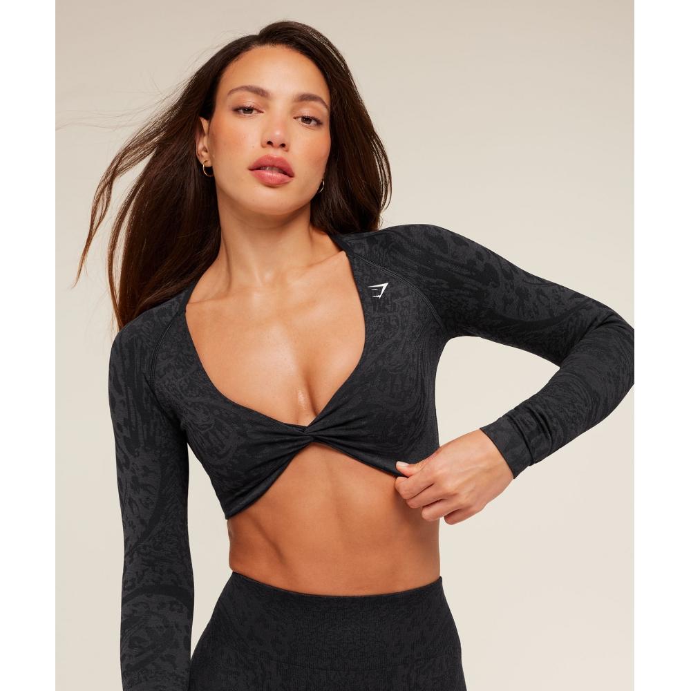 Gymshark Adapt Animal X Whitney Long Sleeve Crop Top Black Asphalt Grey b5c9X Bdrd