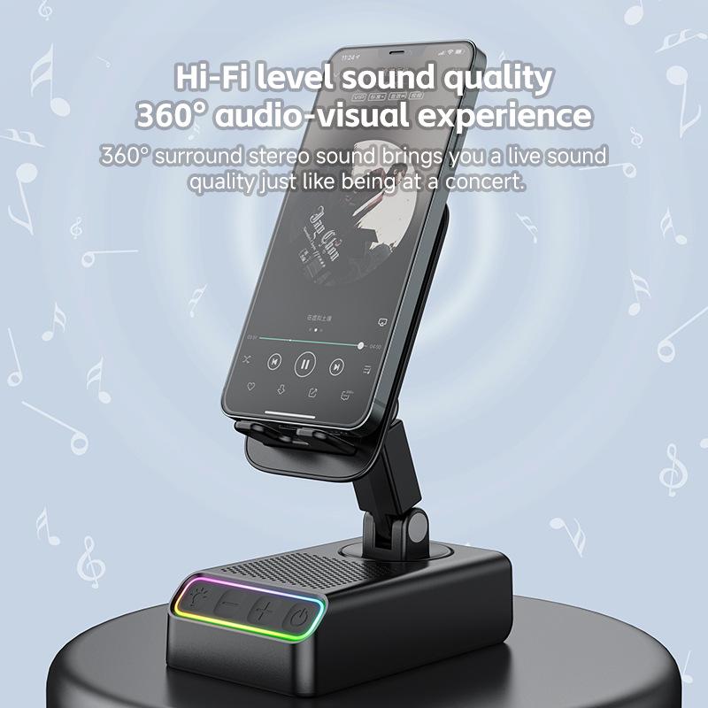 360° Rotating Phone & Tablet Stand with Bluetooth Speaker, RGB Lights, and Hi-Fi Desktop Amplifier