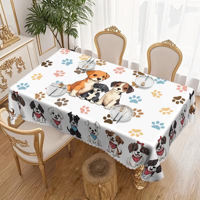 Cartoon Cute Dog Round Table Cloth, Colorful Paw Print Cute Table Cloth, Household Restaurant Rectangular Table Decorative Cloth