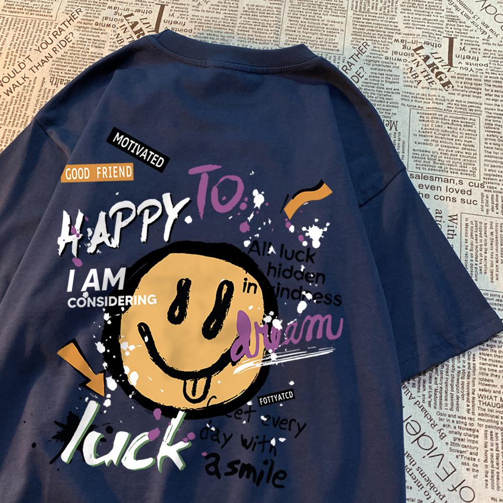 Happy To Dream Luck Smile Men Women T-Shirt High Quality Crewneck T Shirts Summer Loose Sportswear Cotton Breathable T Shirts