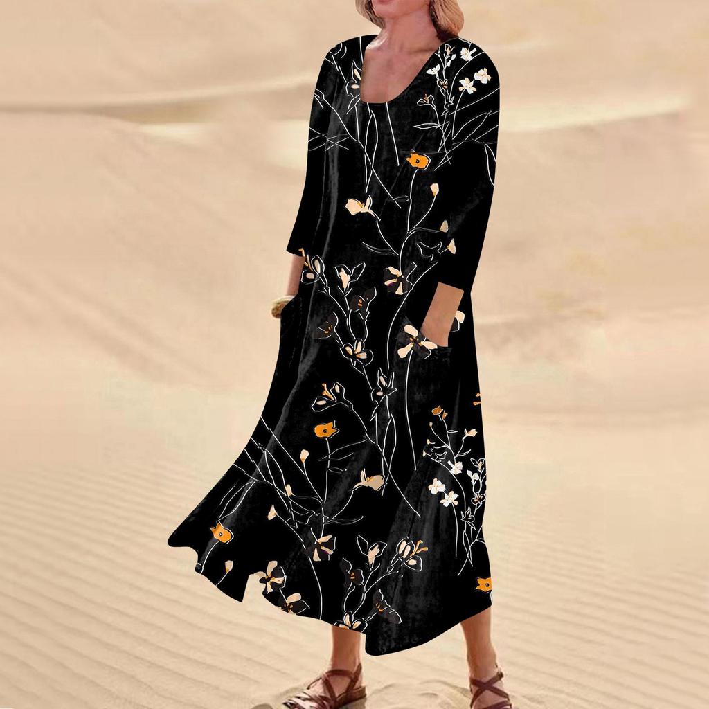 Dámské neformální pohodlné bavlněné kapsové šaty s tříčtvrtečním rukávem s květinovým potiskem