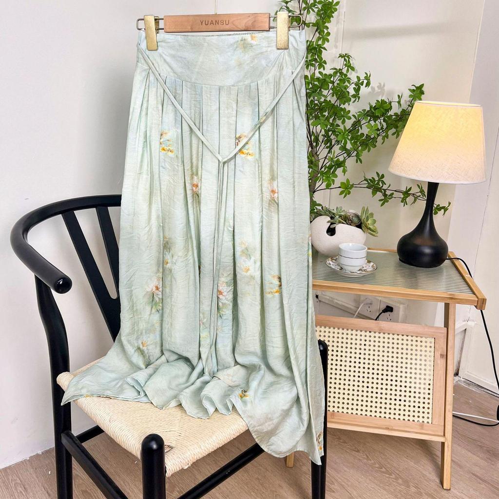 Qooth Hanfu waist wrap skirt  Cotton Linen Printed Pleated Skirt Elegant Vintage Skirt QT2187
