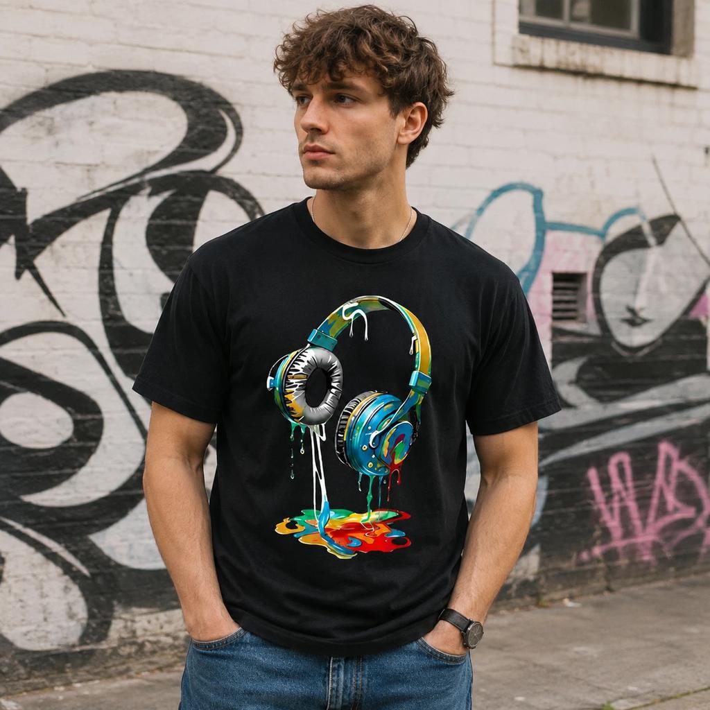 Colorful Dripping Headphones DJ Music Lover Graphic T-Shirt Streetwear Tee