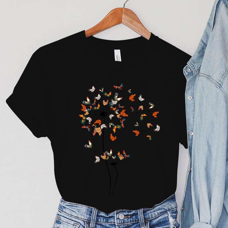 Dandelion Chicken Print Summer T-shirts For Women Casual T-shirts O Neck Short-sleeved T-shirts Fashion Tshirt