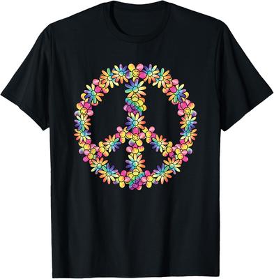 Koszulka z grafiką Hippie Znak Pokoju Kwiaty Tie Dye Styl Retro Groovy z Krótkim Rękawem na Wycieczkę