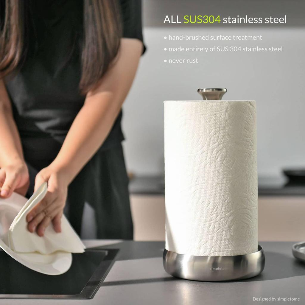 simpletome Kitchen Paper Holder, Tabletop, One-Hand Tear, Rolled-Up Storage, Weighted Base (304 Brushed Silver)