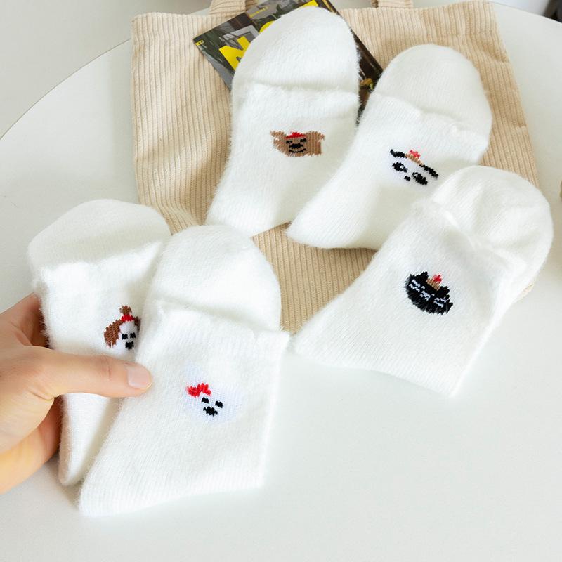 Cute Cartoon Mink Fur Socks for Children, White Mid-calf Socks, Thick and Warm Winter and Autumn Home Sleeping Socks