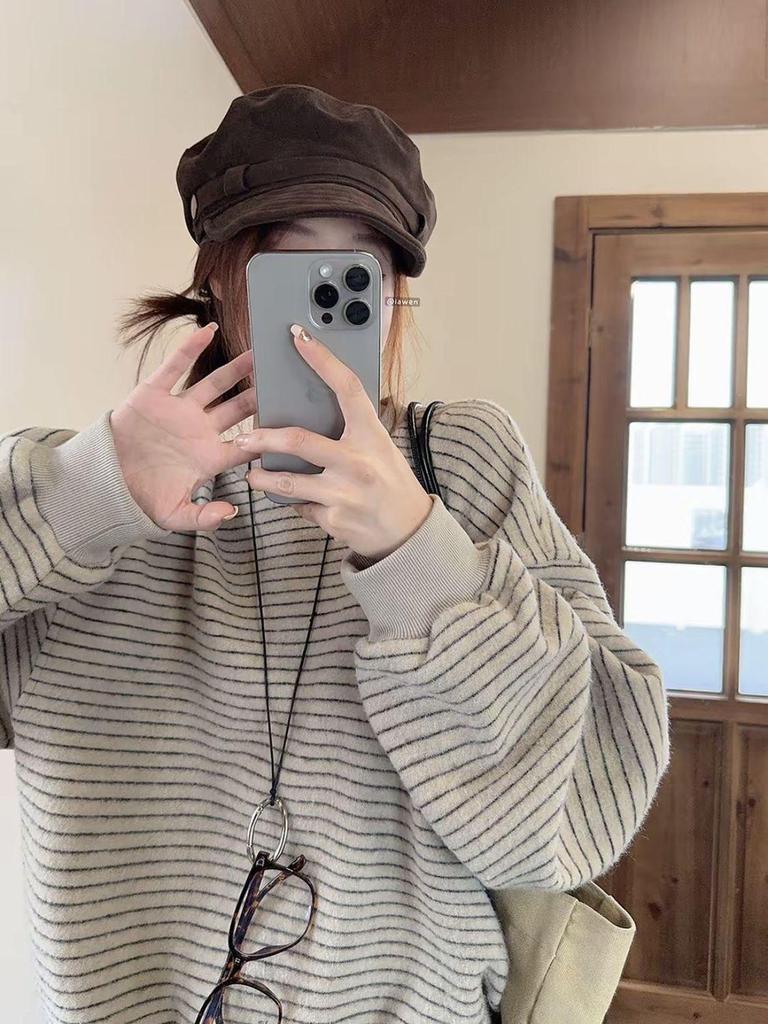 Damen Retro Gestreiftes Rundhals Langarm Sweatshirt - 2025 Koreanischer Stil Lockerer Schnitt Herbst/Winter Trend