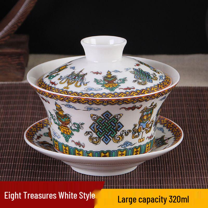 Extra Large Jingdezhen San Cai Gaiwan Ceramic Tea Set for Gongfu Eight Treasures Brewing, Ideal for Office and Home Use.