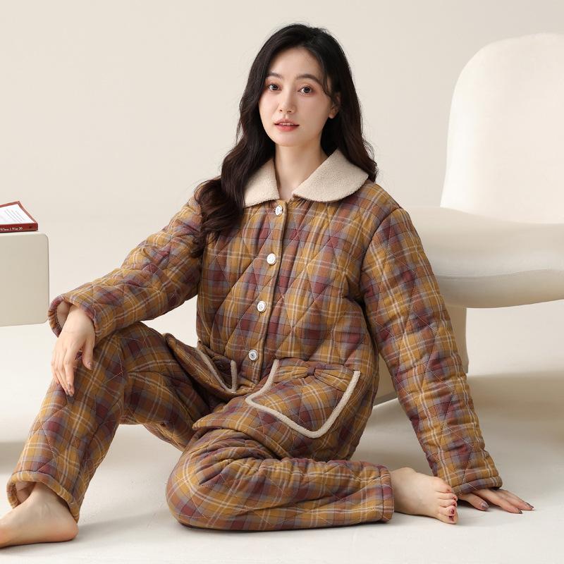 

Пижама женская зимняя трехслойная утолщенная флисовая тканая хлопковая с подкладкой коралловый флис осенне-зимняя домашняя одежда 2XL