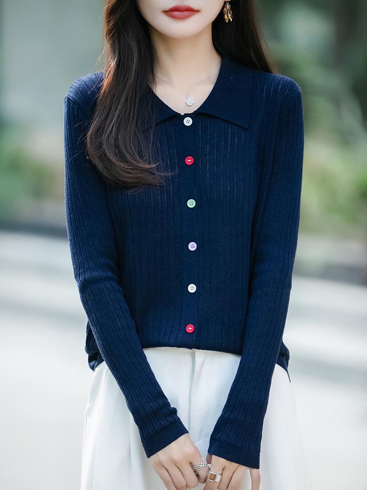 Stylish Women's Polo Collar Knitted Cardigan with Colorful Buttons - Korean Style, Age-Reducing Design.