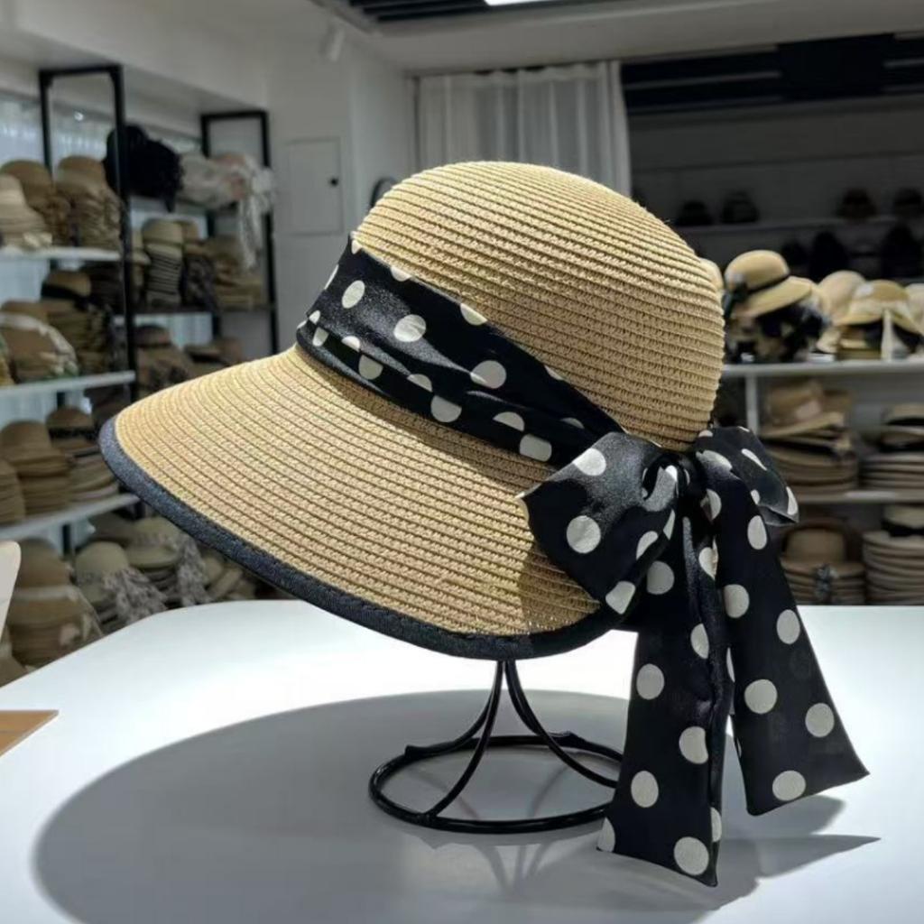 Fairy wind polka dot bow straw hat female summer outing straw weaving sunscreen visor sweet beach fisherman basin hat