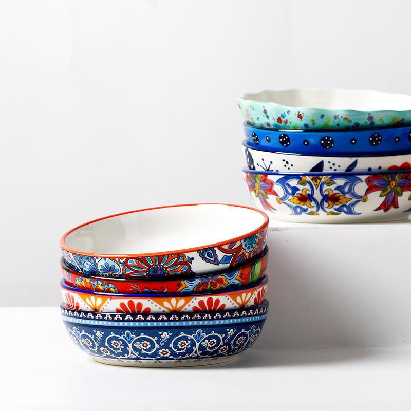 ამერიკული სალათის თეფში ხელით მოხატული მრგვალი კერამიკული ღრმა ლანგარი სახლის რუსტიკული ყვავილოვანი ჭურჭელი რამენი სიმინდი რვა დუიმიანი სუპის თეფში