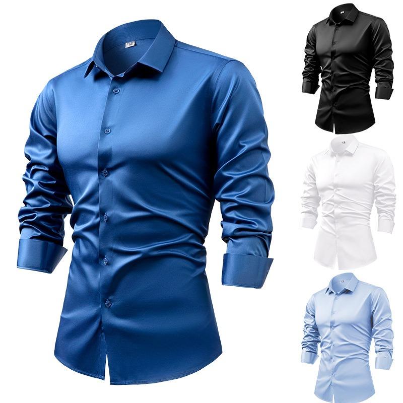 Men's Silk Satin Long Sleeve Button-Up Dress Shirt, Non-Iron Wrinkle-Resistant Business Casual Formal Top
