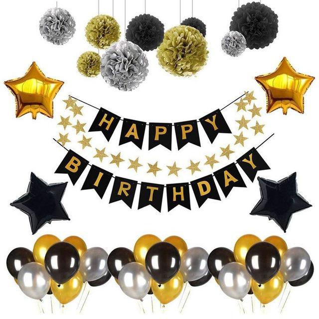 Birthday Party Decoration Set Black Gold Theme Birthday Arrangement Rain Curtain Flag Party Decoration Balloon