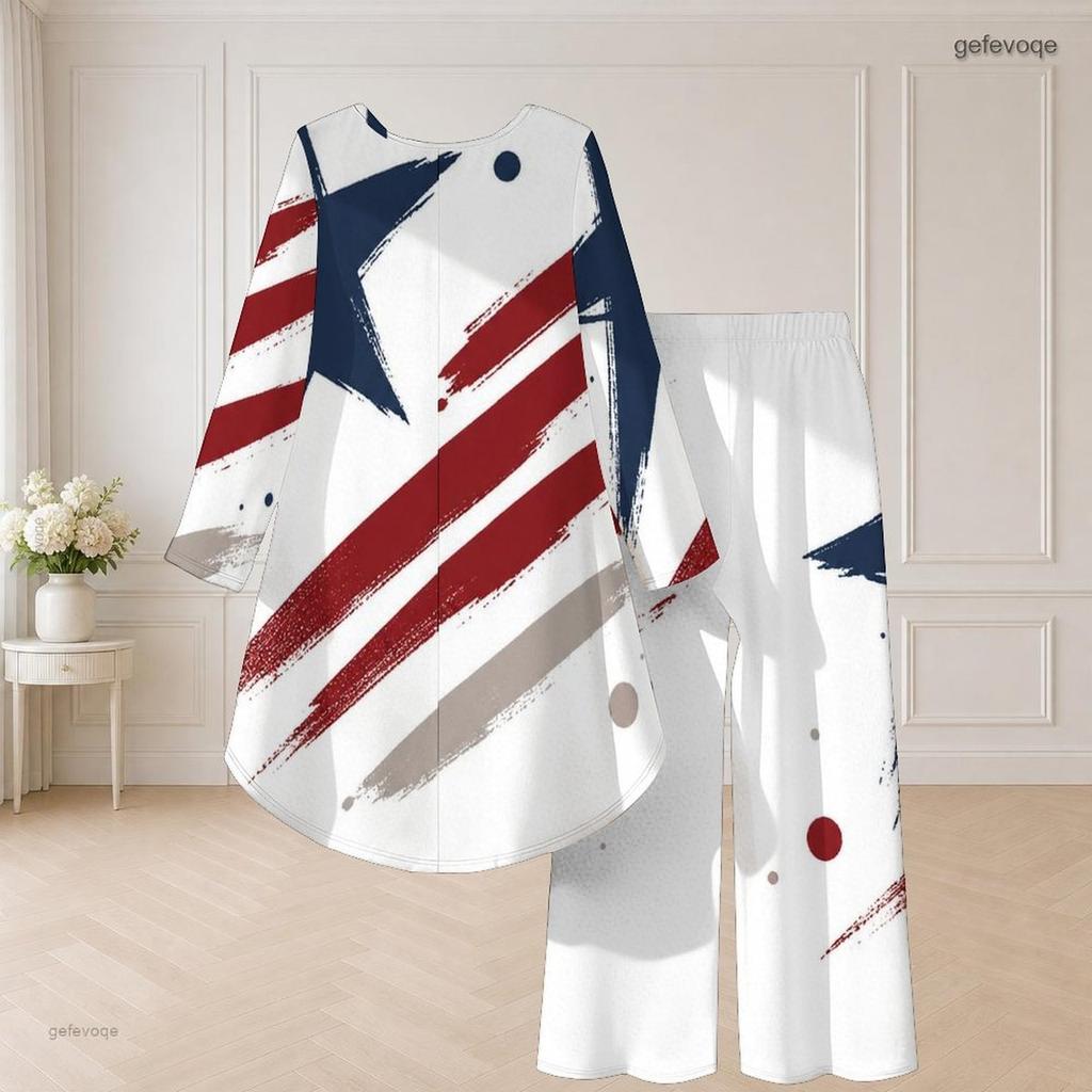 Women Plus Size Round Neck Long Sleeve Red Blue White Printed High Low Top Wide Leg Pants Two Piece Set