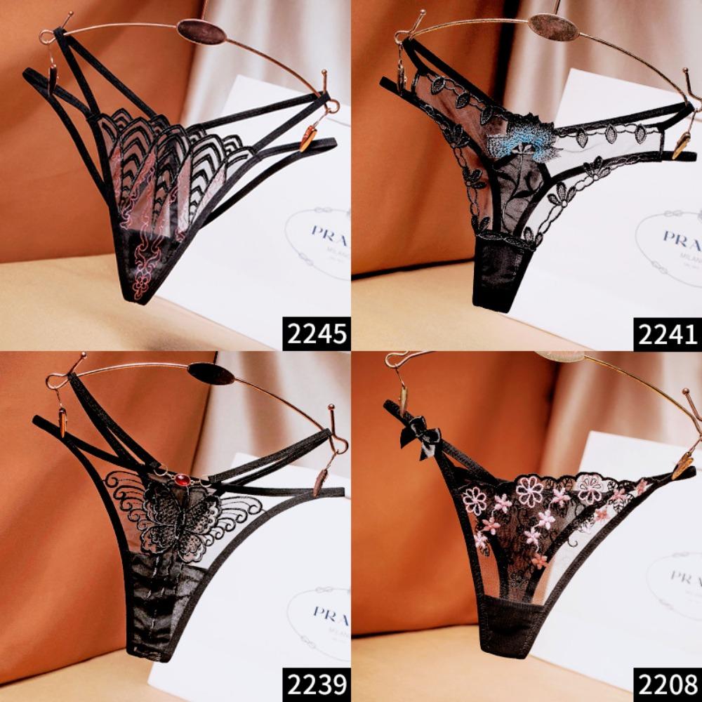 [Free Shipping] 2/4 Independent Packs, Black Embroidered Sexy Thong Female Sentiment Perspective Hot Underwear Thin