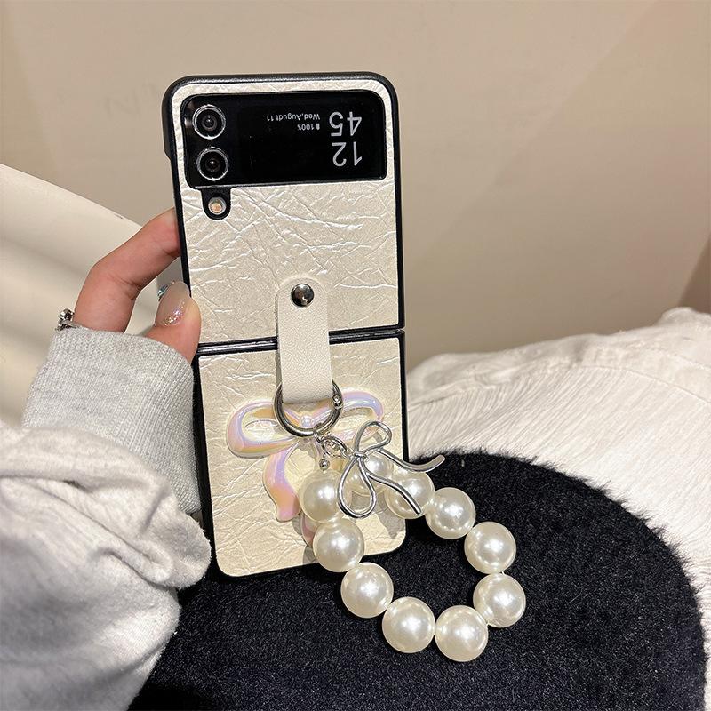 

Bow Bead Portable Rope Mobile Phone Case for Samsung Zflip7 Clamshell Folding Screen Findn3Flip Hard For Samsung ZFlip3