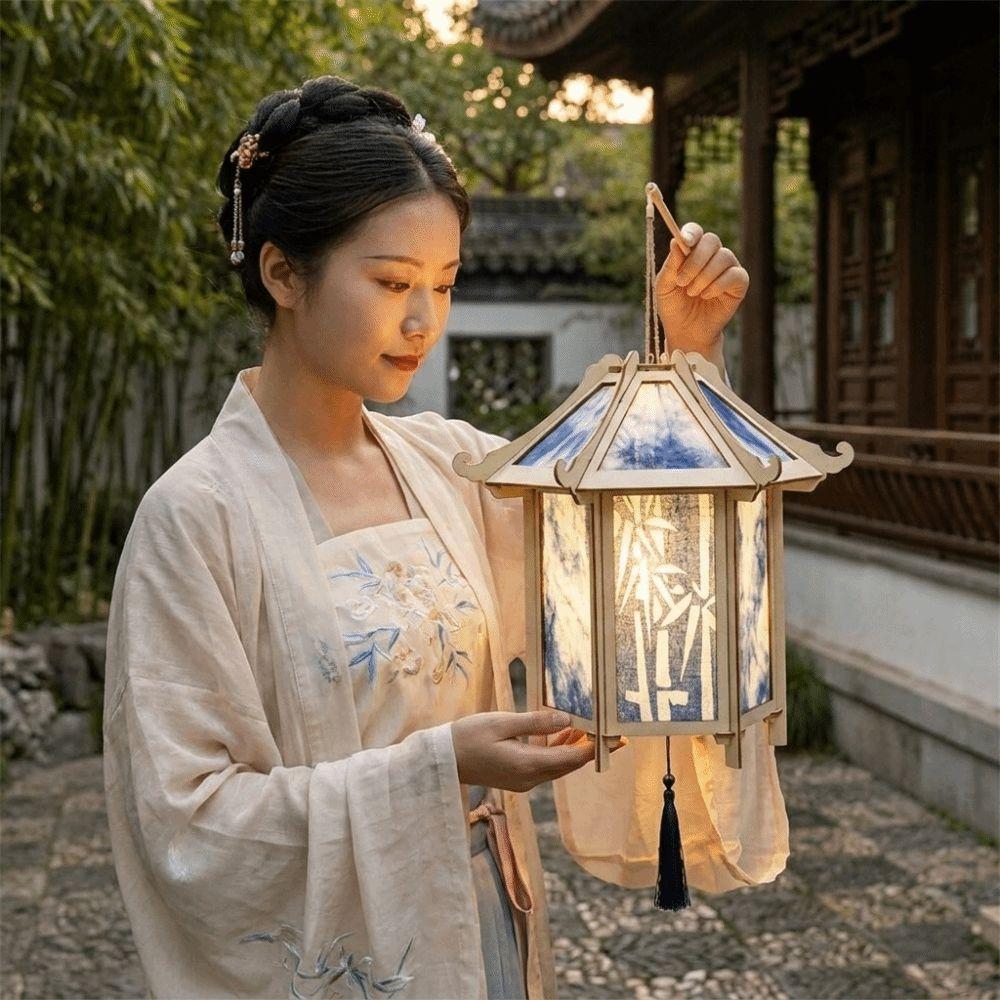 Retro Tie Dyed Lanterns Rabbit Shape Glowing Lanterns Wooden Handheld Lanterns Mid-Autumn Festival