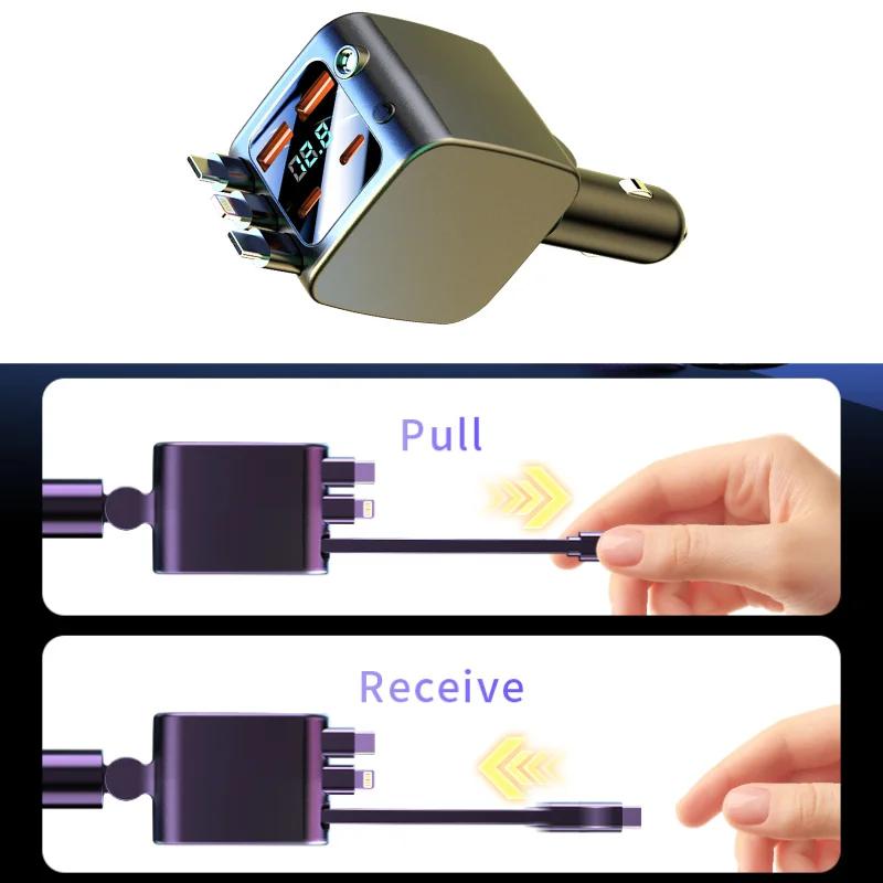 120W 7-in-1 Car Charger Super Fast Charging with Retractable Cable and Ambiance Light Voltage Display for iPhone Huawei Samsung