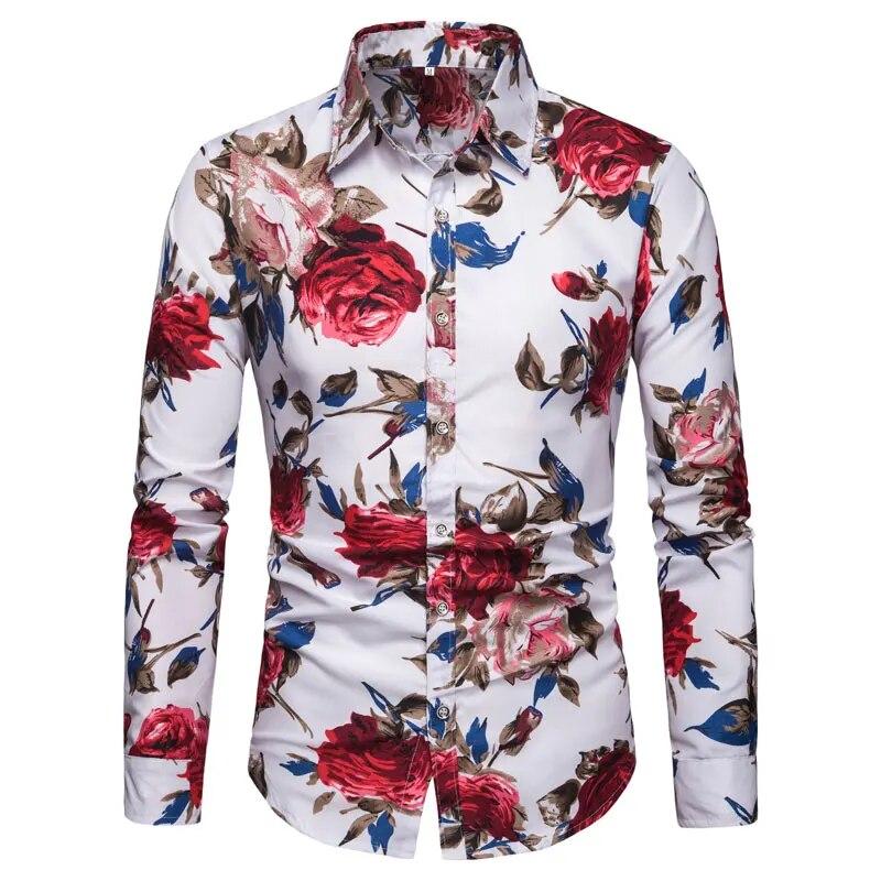Men's Long Sleeved Flower Printed Leisure Four Seasons Casual Cardigan Shirt
