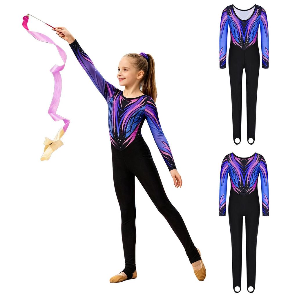 Mädchen Ganzkörper Strass-Leotard Rundhalsausschnitt Langarm Kontrastfarben-Print Steg-Jumpsuit für Gymnastikwettkampf Training