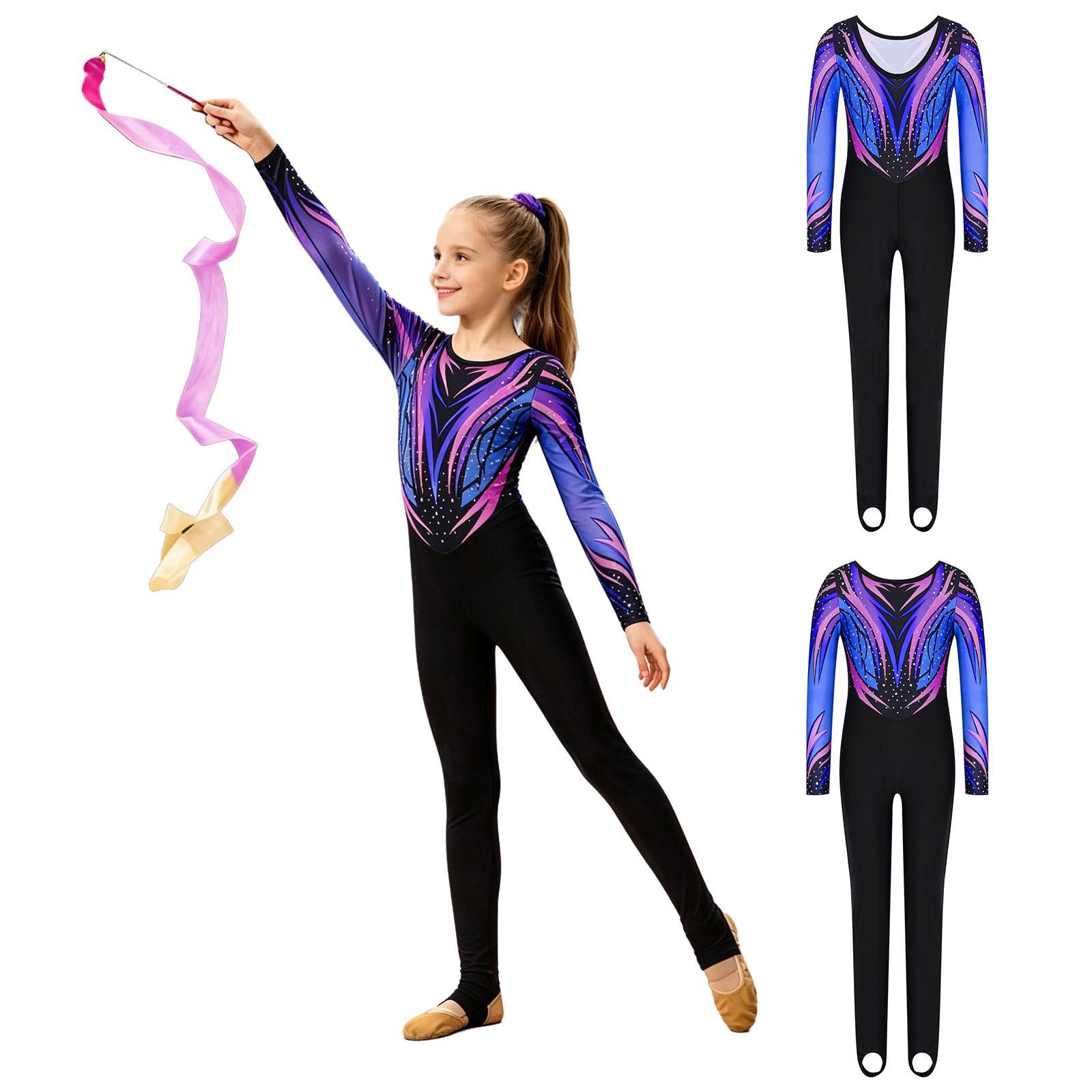 Kinder Mädchen Gymnastik Steigbügel Jumpsuit Kontrastfarben Druck Bodysuit Rundhals Langarm Strasssteine Ganzkörper Leotard für Training Aufführung 13-14 Years blau