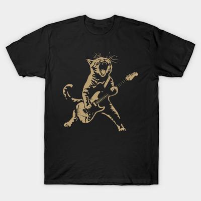 Men Black Print T-shirt Funny Play Cat Guitar - Yo Dawg I Heard You Like Cat Meme Music Humor Trends No-Cut Transfer Paper Print Cotton Tshirt