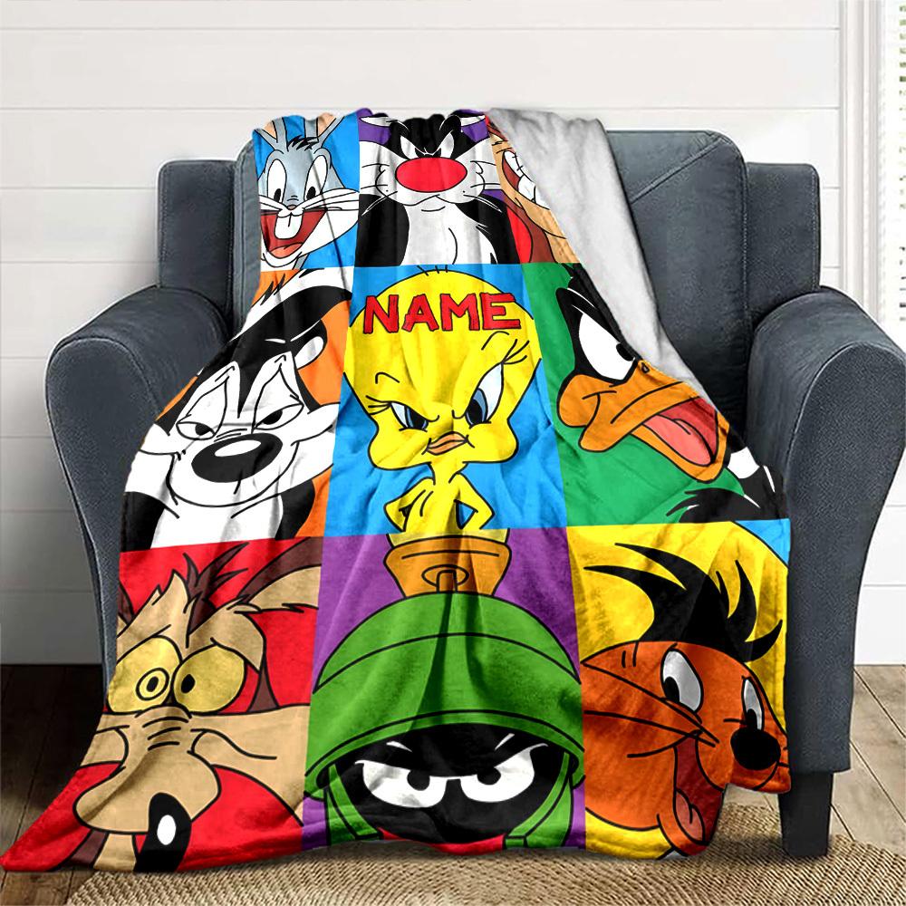 Classic Looney Tunes Characters In Vibrant Colors With A Central Name Placeholder Cozy Personalized Blanket Customize Text Soft Cozy Great For Sofa
