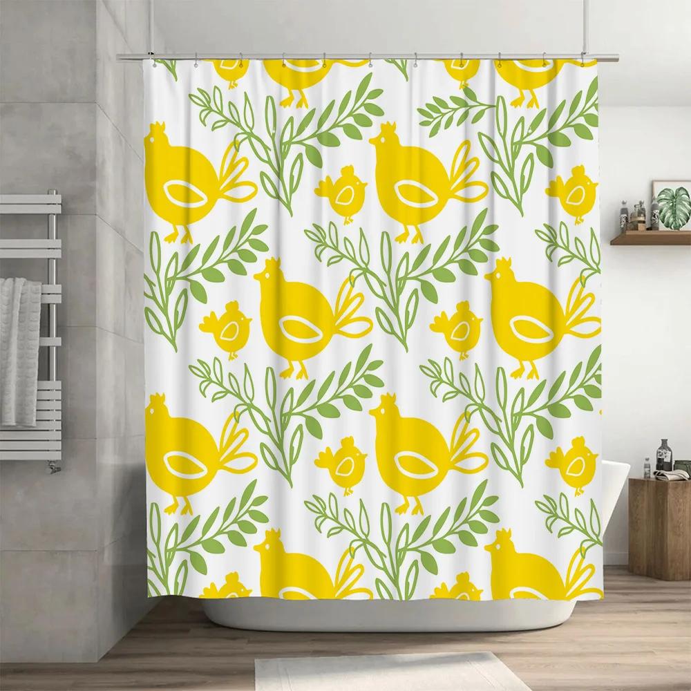 Yellow Green Bird Flower Shower Curtain Modern Bathroom Decor Set Includes Hooks (White)