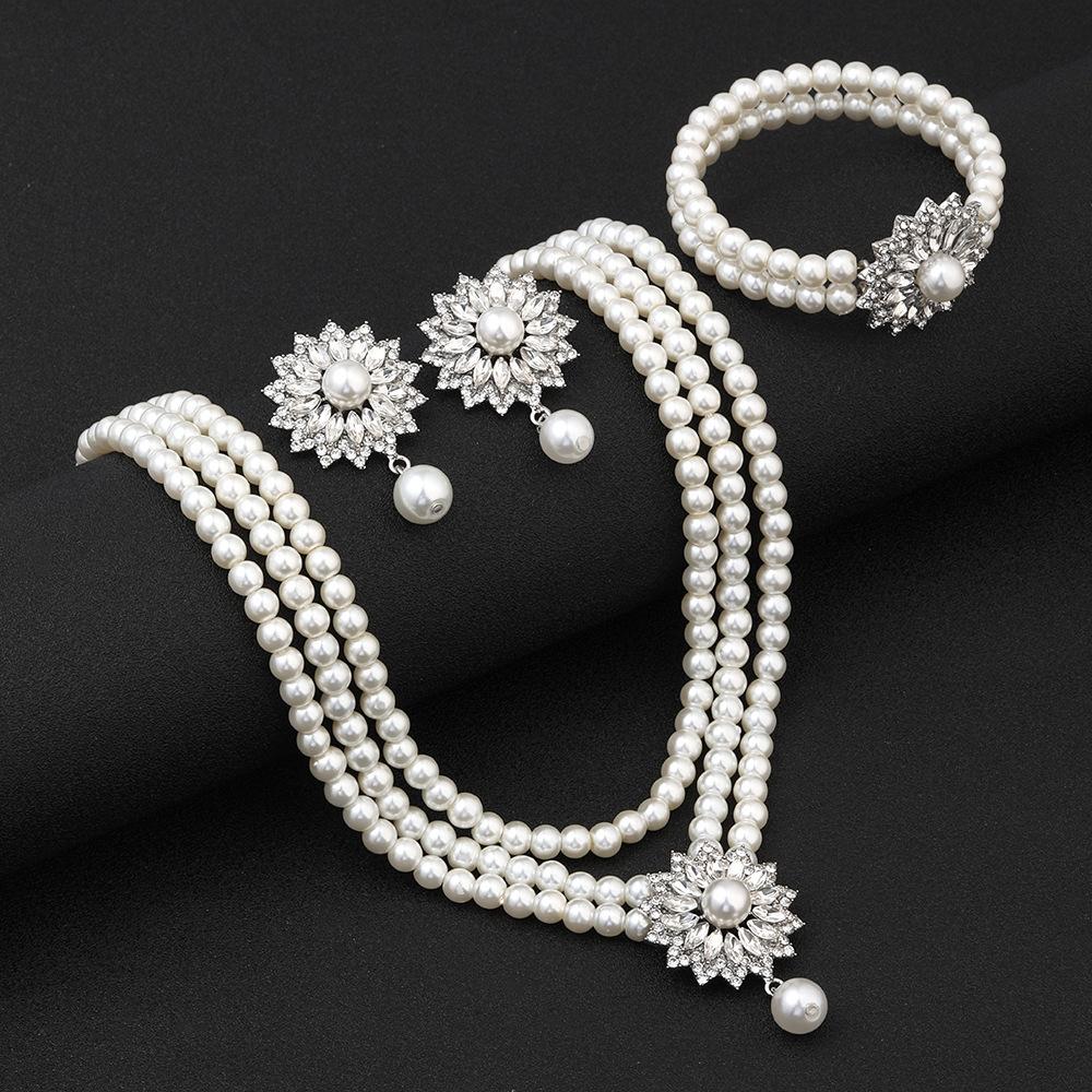 Imitation Pearl Necklace Earrings Bracelet High-end Prom Party Holiday Bridal Dress Jewelry Accessory Set