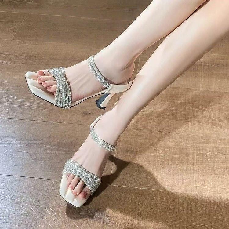 Summer Rhinestone Stiletto Sandals - Women's Square Toe One-Strap High Heels, Fairy French Style.